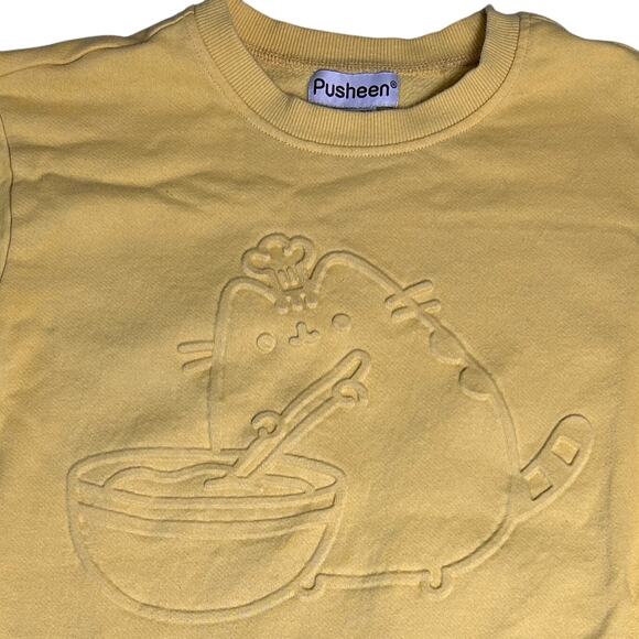 Pusheen Crew Neck Sweater Womens XS Butter Yellow Subtle Cat Graphic Whimsy Twee - Picture 1 of 7